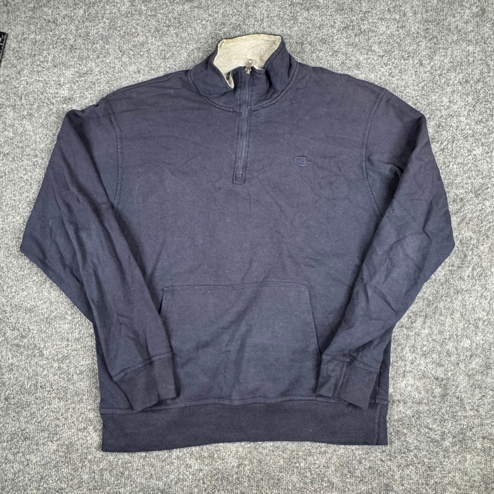 Champion Quarter-Zip Mens Size L Navy Blue Fleece Pullover Kangaroo Pocket Mock